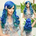 Long wavy blonde ombre blue green cosplay wig with starfish clip and mermaid curls - Blue Purple Gradient