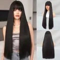 Long straight natural black synthetic wig with flat bangs shown from multiple angles - Natural Black Blunt Cut