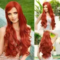 Long wavy orange red cosplay wig with bangs featuring high quality synthetic fibers - Dirty Orange