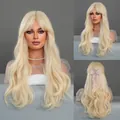 Golden blonde long wavy cosplay wig with bangs and a pink mesh bow hair accessory - Platinum