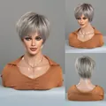 Short silver grey bob wig for women featuring front side and back views on a mannequin - Champagne Gold