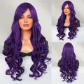Long wavy purple cosplay wig with middle part bangs and synthetic hair texture - Dark Purple