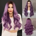 Long wavy ombre purple synthetic wig with middle part and natural dark roots style - 67cm / Ombre Purple (MW9059-3)