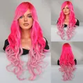 Long wavy ombre pink cosplay wig with side-swept bangs for women's mermaid costume - Pink Gradient