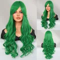 Long wavy grass green cosplay wig with side bangs and high-quality synthetic fiber - Fresh Green