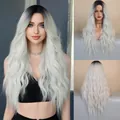 Long wavy ombre wig with dark roots to silver grey gradient and center part style - 64cm / Ombre Silver Grey (MW9060-1)