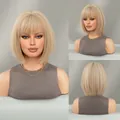 Short blonde Bob wig with bangs featuring layered platinum finish and natural shine - Warm Beige Gold