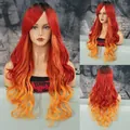 Long ombre wavy mermaid wig transitioning from black to vibrant red and orange colors - Flame Orange