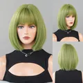 Short avocado green bob wig with bangs for women, front, side and back views - Vanilla Green