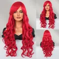 Long wavy red cosplay wig for women with side bangs in a vibrant crimson finish - Bright Red