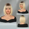 Short ombre blonde bob wig with bangs, straight hair featuring dark roots and neat cut - Milk Tea Light Gold Ombre