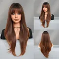 Long straight brown gradient wig with bangs shown in front, side and back views - Brown Gold Ombre (Asian Style) 64cm