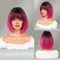 Short black to pink ombre bob wig with bangs featuring smooth straight synthetic hair - Rose Pink Gradient