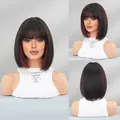 Short black bob wig with bangs and subtle dark red highlights, multi-angle view - Rust Red Highlight Black