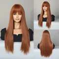 Long straight ginger copper wig with bangs featuring multi-angle views and natural fiber - Caramel Brown
