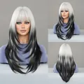 Peluca larga y lisa degradada de blanco a negro con flequillo para fiesta de mujer - Degradado Plata y Blanco