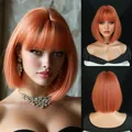 Short orange bob wig with bangs made of high-quality synthetic heat-resistant fiber - Bright Orange