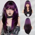 Peluca larga lisa con flequillo degradado negro y morado para San Patricio - Degradado púrpura noche profunda