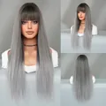 Long straight ombre wig with bangs showing front side and back views on mannequin - Ombre Gray Rooted