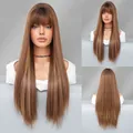 Long straight light brown wig with bangs shown in front side and back views - Golden Brown Rooted
