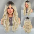 Lange braune gewellte Perücke mit dunklem Ansatz und blondem Ombre-Look - Beige Braune Highlights