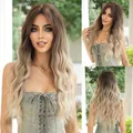 Long ombre dark brown to flaxen blonde wavy wig for women with natural middle part style - 69cm / Dark Brown Ombre Blonde (MW9187-1)