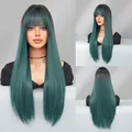 Perruque longue et lisse avec frange dégradée noir et vert paon, vue multi-angle - Vert Turquoise aux Racines