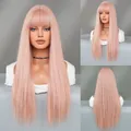 Perruque longue rose clair lisse avec frange pour femme, fibre de haute température - Rose Orangé