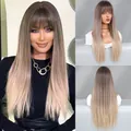 Perruque longue et lisse avec frange en dégradé ombre du brun foncé au doré - Gris Café Ombré aux Racines