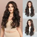 Parrucca lunga ondulata con pizzo a T colore castano scuro con onde per donne - Capelli lunghi / Marrone Scuro