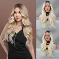 Long ombre blonde wavy wig with dark roots and lace front for a natural look - Ash Blonde Ombre Dark Roots