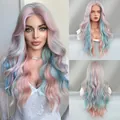 Long wavy lace wig featuring pink, blue, and purple gradient synthetic hair colors - 75 cm / Rainbow