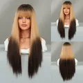Perruque longue et lisse dégradé blond miel avec frange pour un style à la mode - Blond Miel Teint aux Pointes