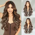 Long wavy dark brown wig with honey blonde highlights for women in middle part style - Brown Highlighted White
