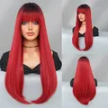 Lange steile ombre rode pruik met pony voor dames, 24-26 inch gladde synthetische pruik - Middernacht Rood Ombre