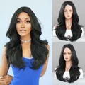 Natural black T-part lace wig with long wavy synthetic hair shown on model and mannequin - Natural Black (SZ5057)