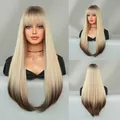 Long straight mocha brown wig with flat bangs and ombre gradient finish on model - Beige Grey Tip Dye