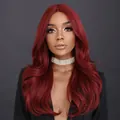 Elegant deep burgundy long wavy T-part lace wig with a natural middle part style - Mermaid Red (SZ5057)