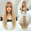 Long straight honey blonde wig with flat bangs and layered inner buckle style - Cold Coffee Ombre