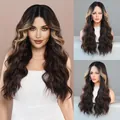 Long wavy dark brown wig with honey blonde highlights and a middle part style - 65cm / Dark Brown with Blonde Highlights