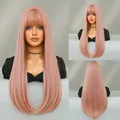Long straight pink wig with bangs featuring smooth cherry blossom pink synthetic fibers - Orange Pink