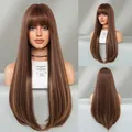 Long straight mocha brown wig with blonde highlights, flat bangs and layered cut - Honey Orange Gold
