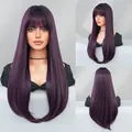 Long straight dark purple gradient wig with flat bangs and silky texture for women - Black Purple Ombre