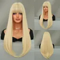 Long straight blonde wig with flat bangs and layered hair texture shown in multiple angles - Light Golden Yellow