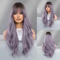 Peluca larga ondulada lavanda con raíces oscuras y flequillo en vista de tres ángulos - Longitud Estándar (60cm) / Degradado Gris Púrpura