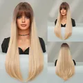 Mocha brown to blonde ombre long straight wig with bangs and layered ends for women - Honey Gold Ombre