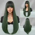 Three-way view of long straight dark green wig with bangs on a model head stand - Green Fruit Ombre