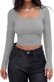 Detail of grey ribbed knit crop top featuring a slim fit square neck and long sleeves - XS / Light Gray
