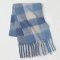 Detailed view of blue and white checkered scarf with soft mohair texture and long tassels - Blue White Fresh Plaid Design (14#) / 39x240cm
