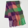 Detail of soft mohair plaid scarf featuring purple, green, and pink colors with long fringes - Purple Green Pink Orange Contrast Plaid (33#) / 39x240cm